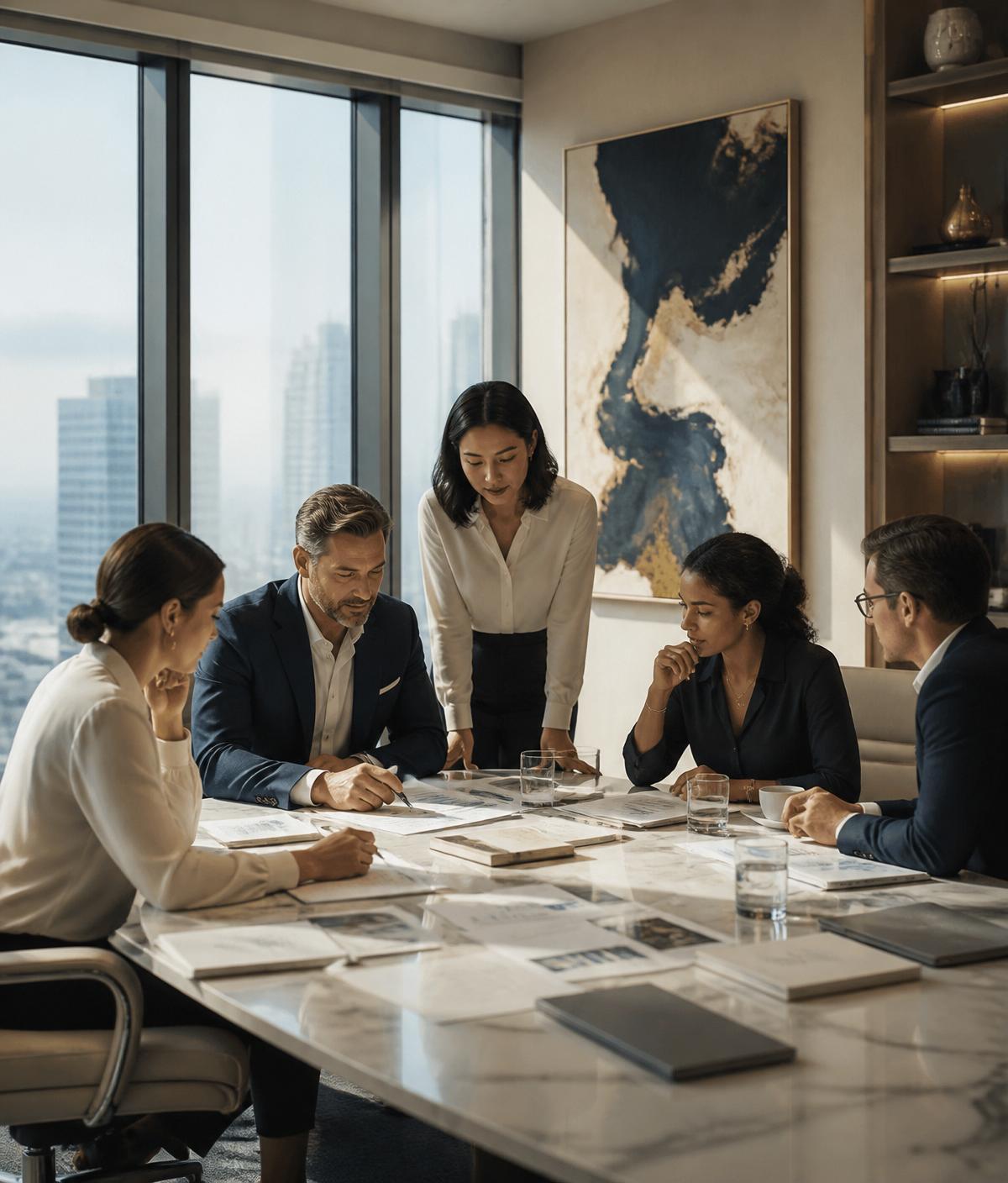 Advisory team reviewing federal contracting strategy in a boardroom